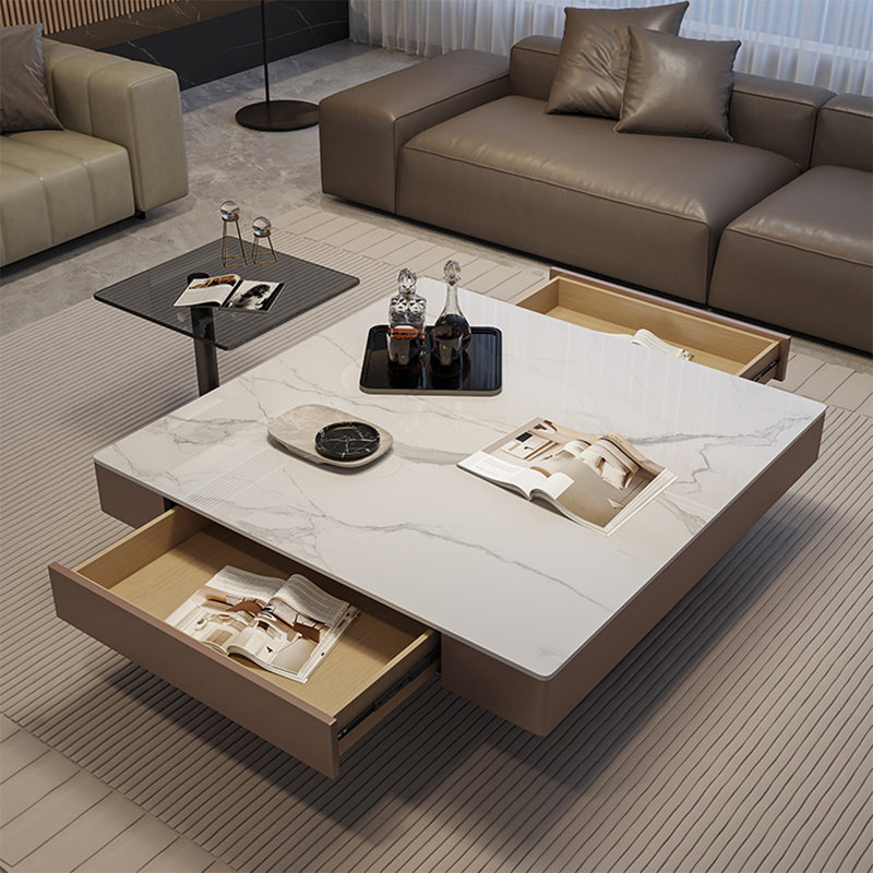 Italian light luxury square stone coffee table, White/Transparent, 11.8'' H X 31.5'' W X 31.5'' D