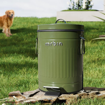 Poubelle à crotte pour chien avec couvercle MRBIN, poubelle ronde pour animal 13L / 3,4 Gal avec pédale, seau à déchets sans contact pour patio extérieur, cour, garage, conception à rayures romaines vertes