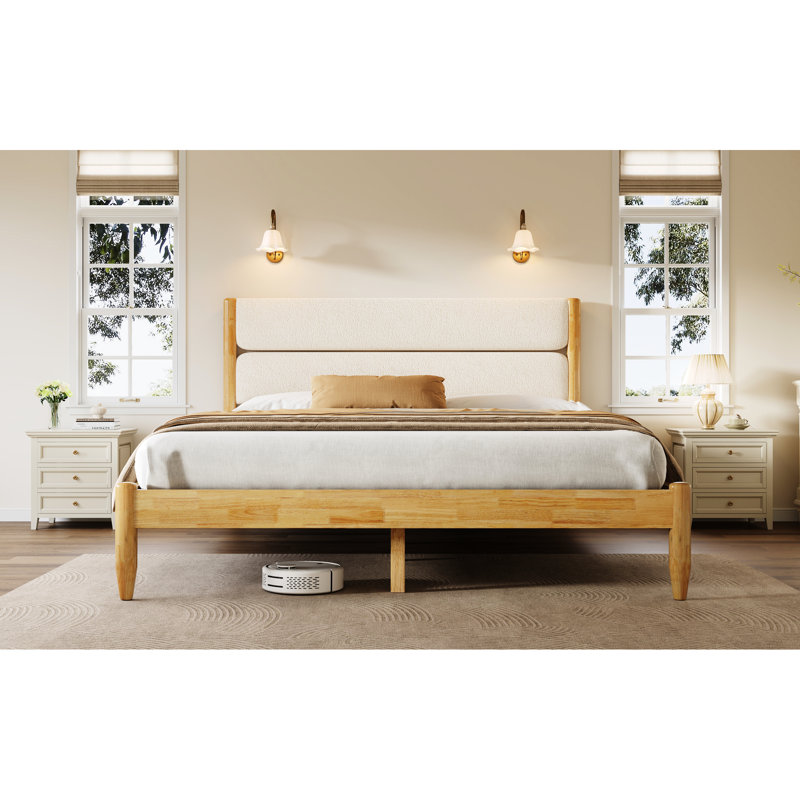 Grand lit en bois massif avec tête de lit rembourrée en molleton, panneaux latéraux, pieds fuselés élégants, cadre d'assemblage simple, expérience de sommeil confortable, style de pieds, rangement inférieur