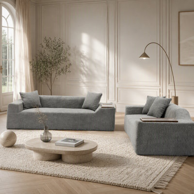 2 - Piece Boucle Cloud Sofa Set Including Upholstered 3 - Seater and 2 - Seater with Complementary MDF End Table for Home Comfort
