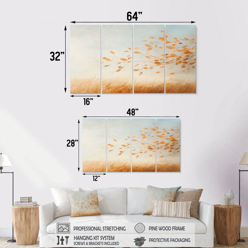 «Meadow Windy Prairie Leaves» - Windy Art - ensemble de décorations murales traditionnelles, H 28 po x l 48 po, 4