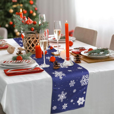 Chemin de table de Noël bleu 14 x 72 pouces rustique maison de vacances flocons de neige hiver nappe pour l'intérieur et l'extérieur
