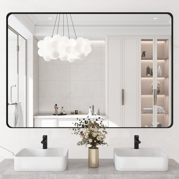 Filleted Corner Wall Mounted Mirror, Bathroom Mirror, Black Vanity Wall Mirror With Metal Frame