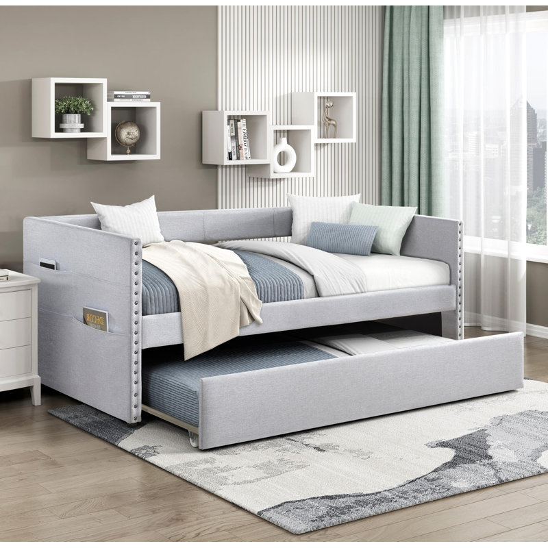 Modern Daybed Pull-Out Trundle Side Pockets Light Gray Upholstery Nailhead Trim Bedroom Living Room Furniture, Light Gray
