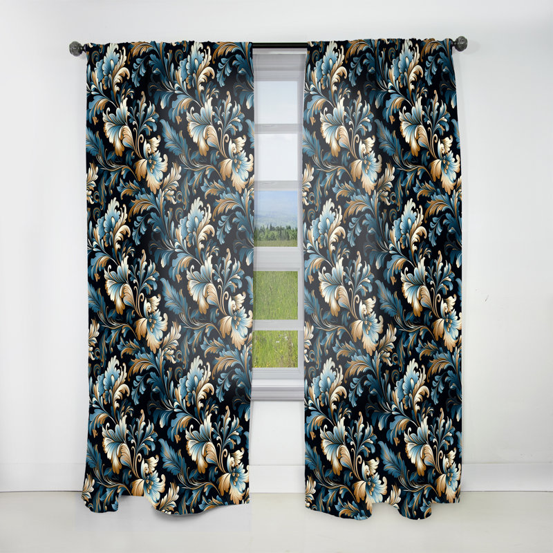 Motif damassé de luxe doré et bleu I - Rideau damassé - Rideau damas obscurcissant - 1 panneaux, L 52 po x L 90 po