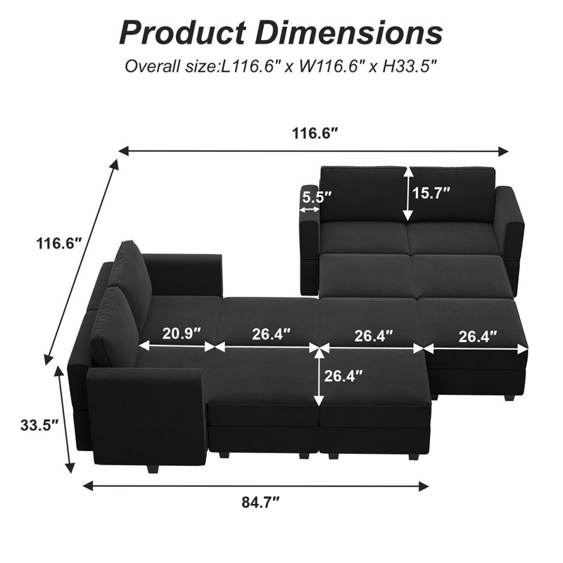 Canapé de rangement modulaire en velours Vashudev, Velours noir