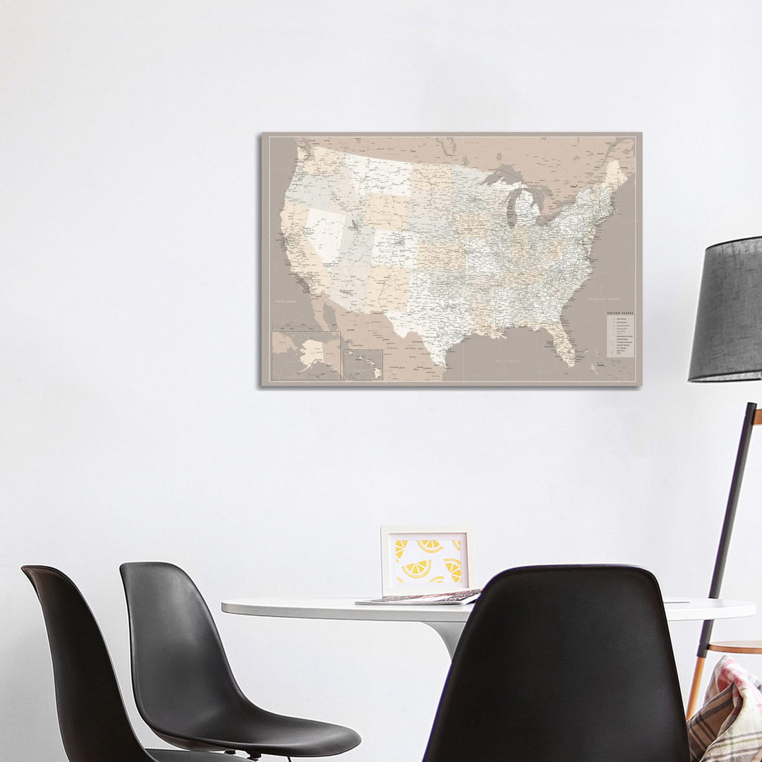 Highly Detailed Map Of The Us With Roads In Brown by Blursbyai - Galerie Giclée auf Leinwand