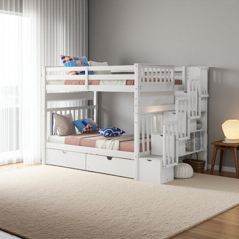 Lit superposé double au-dessus de double avec tablettes et 6 tiroirs de rangement, Gris