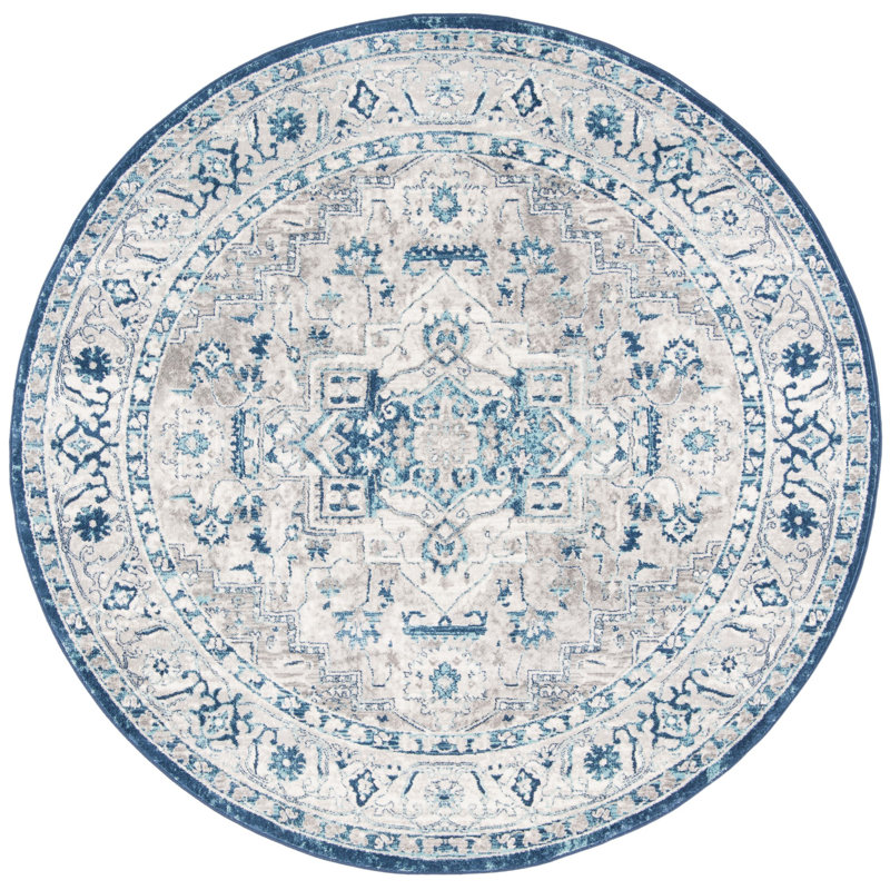 Aurich Light Gray/Blue Oriental Rug, Round 6'7"