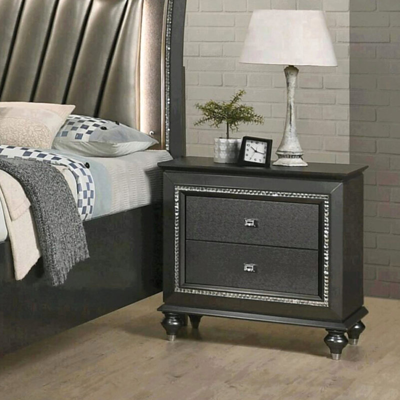 Table de chevet gris métallique avec 2 tiroirs