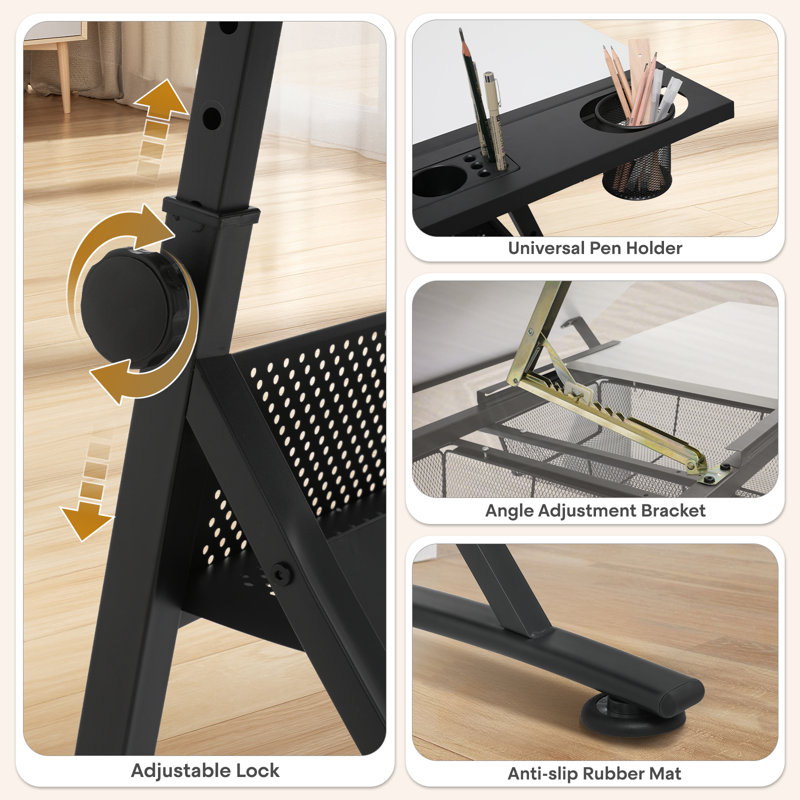Poste de travail et table à dessin avec tabouret, table à dessin avec plateau coulissant et tiroirs