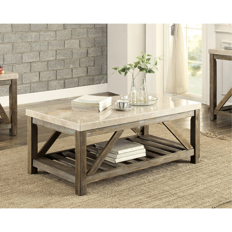 Table basse rectangulaire avec plateau en marbre et base en bois avec support en angle