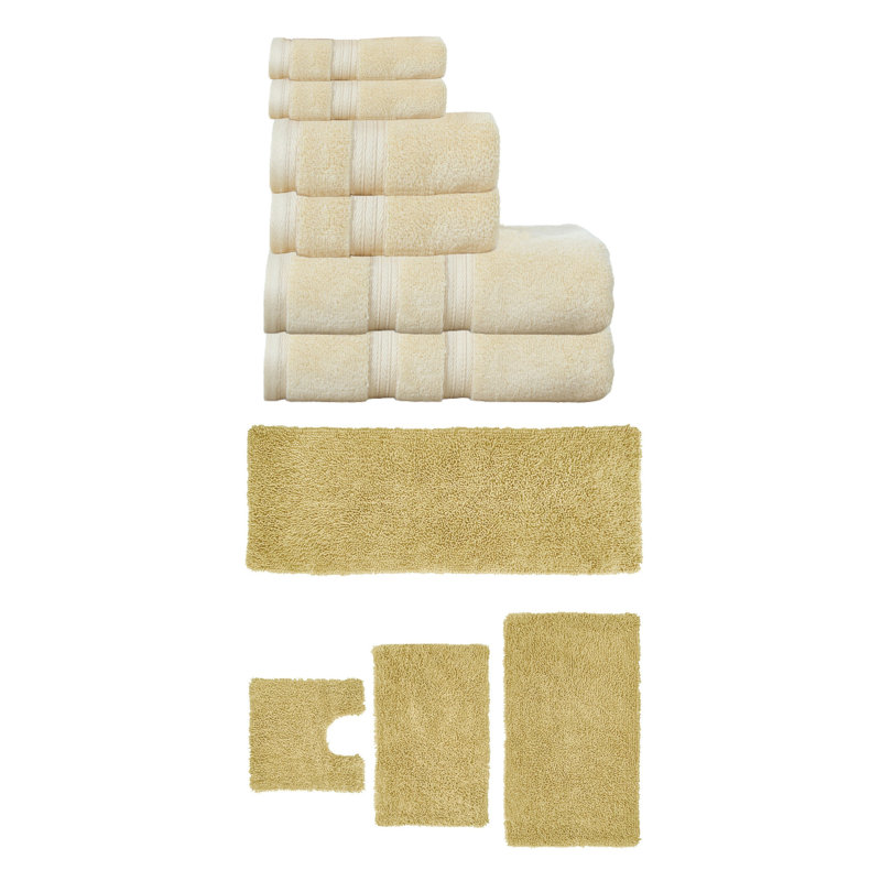 Ensemble de serviettes de bain 6 pièces et de tapis de bain 4 pièces Bruno Collection 100% coton doux (ensemble de 10), Jaune