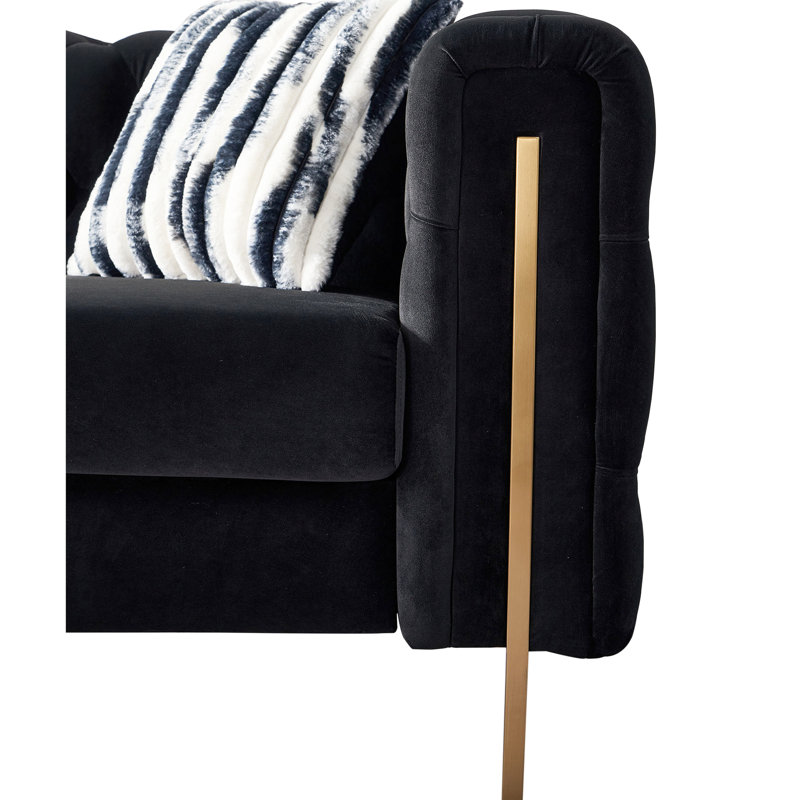 Salon en velours, l 84,25 po, avec pieds dorés et coussins amovibles, structure en bois massif capitonné noir moderne, l 84,25 po