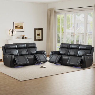 Canapé inclinable électrique en similicuir de 83,3 po de largeur avec commandes indépendantes, console porte-gobelet rabattable et éclairage à DEL (ensemble de 2)