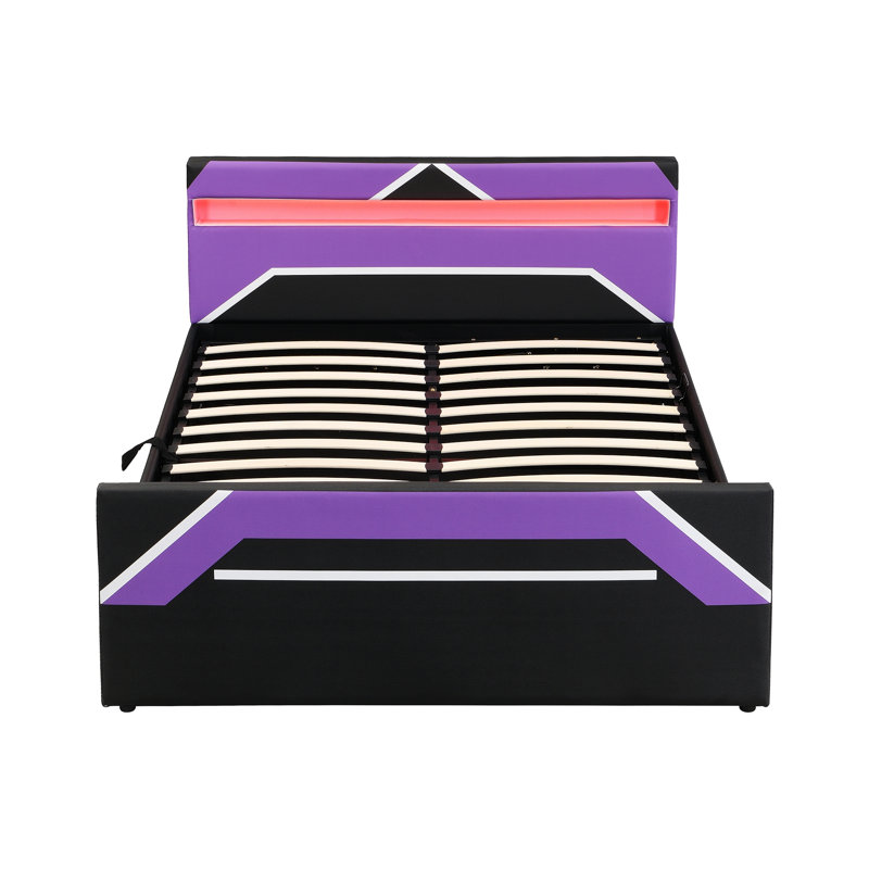 Lit plateforme avec tête de lit à DEL 7 couleurs intégrée, Purple+Black