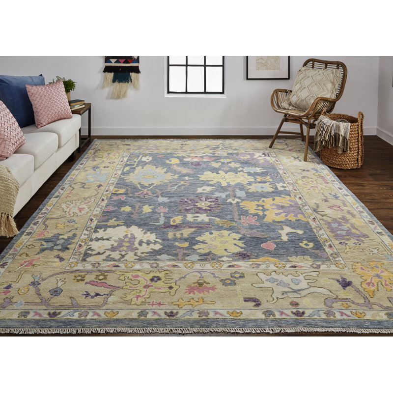 Karina Hand Knotted Wool Floral Area Rug in Blue/Beige, Rectangle 2' x 3'