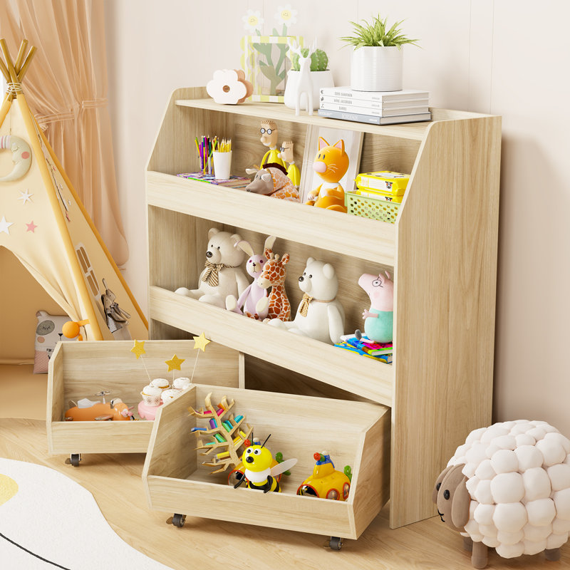 3-Tier Toy Storage & Organizer Bookshelf with Cubbies & 2 Removable Drawers - Kids Room Multi-Functional Storage Solution