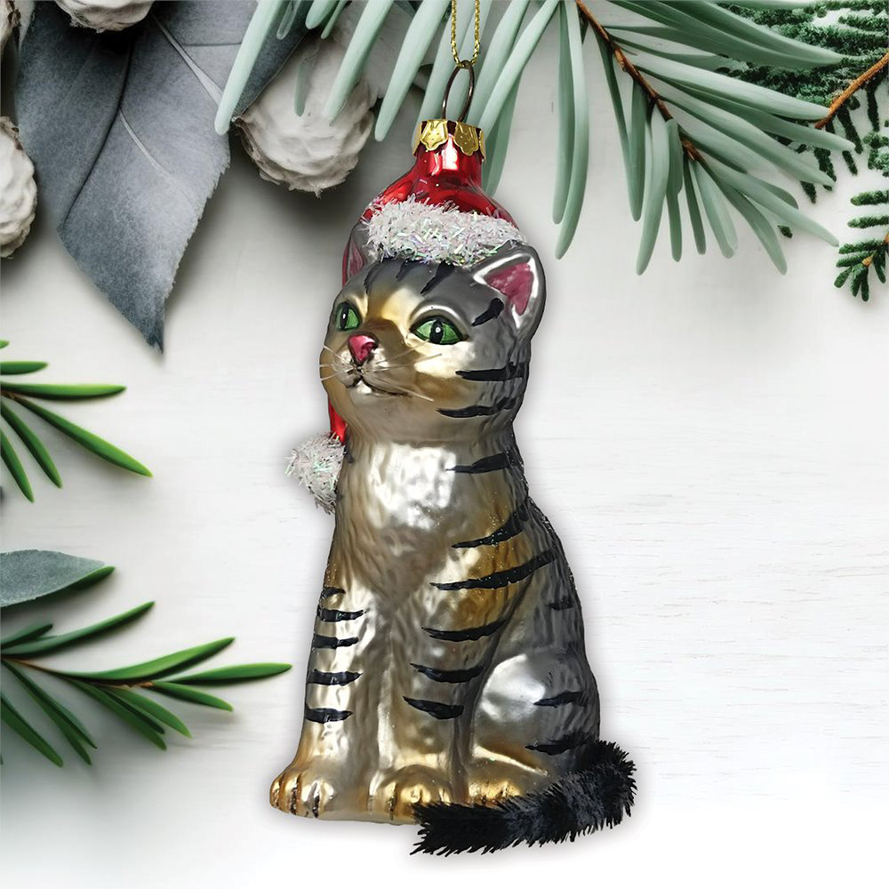 The Holiday Aisle® Tabby Cat with Santa Hat Glass Christmas