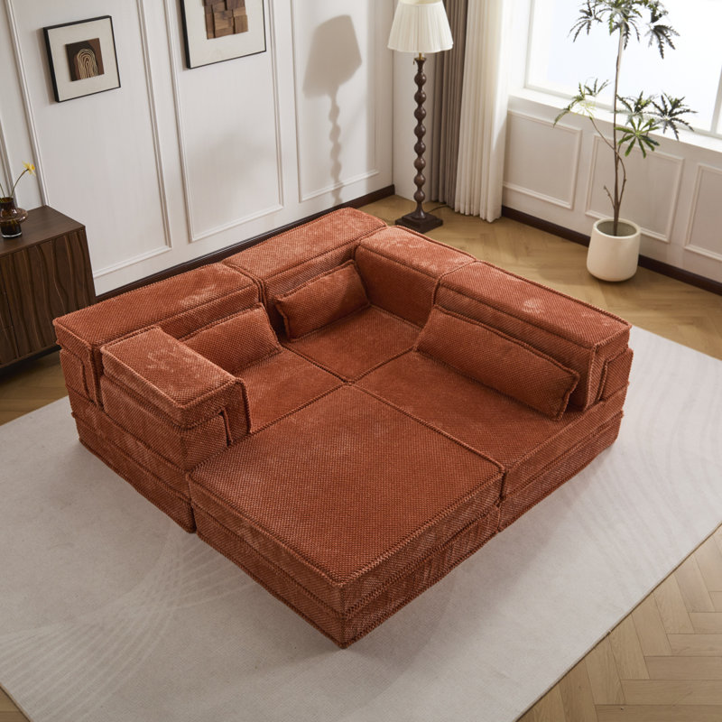 Compression Mahjong Sofa,Convertible Floor Sofa Bed,DIY Boneless Modular Sectional Sofa,No Assembly Required,Circle Fleece Fabric,Oversized 3 Seater With 1 Ottoman,Orange