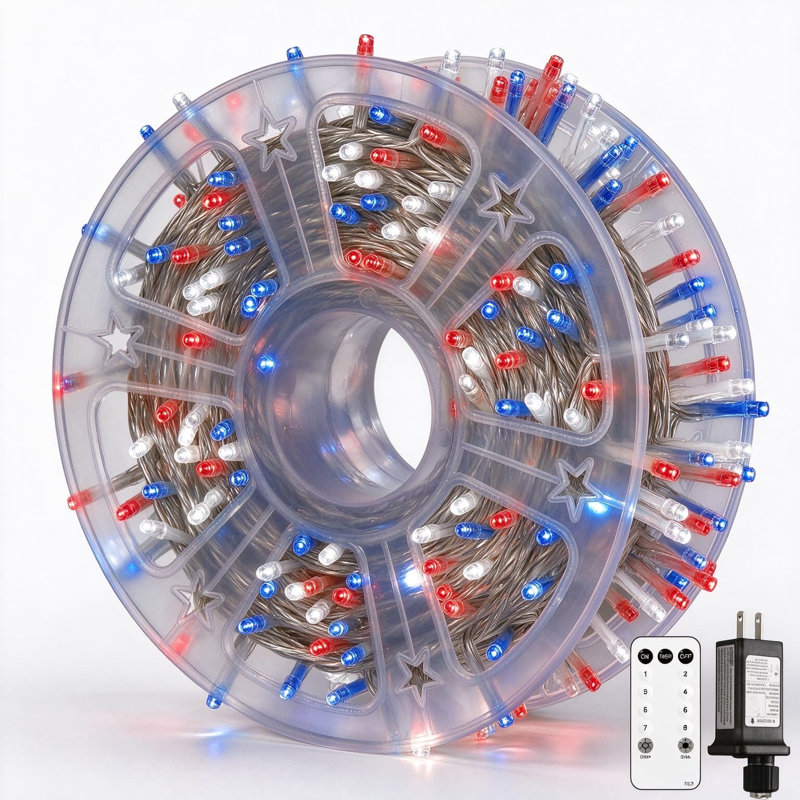 Guirlande lumineuse à DEL 8 lumières pour l'extérieur, rouge, blanc et bleu avec télécommande et imperméable