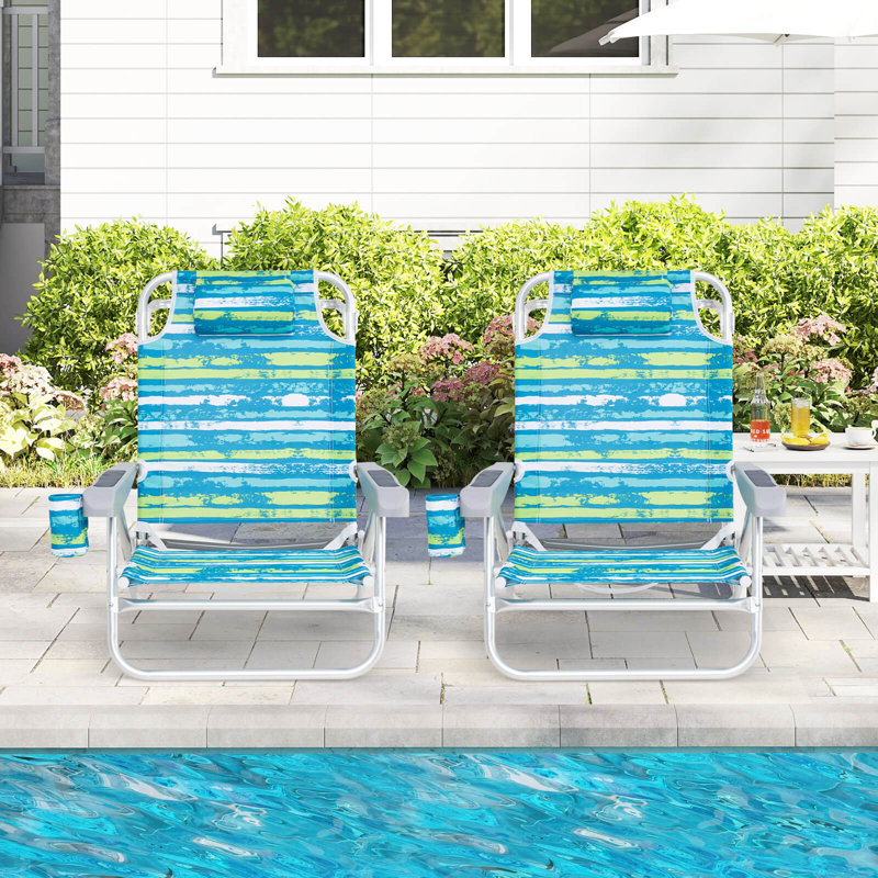 2 Pack Folding Beach Chair Lightweight Lay Flat Lounge Chair with Head Pillow, Green/Blue