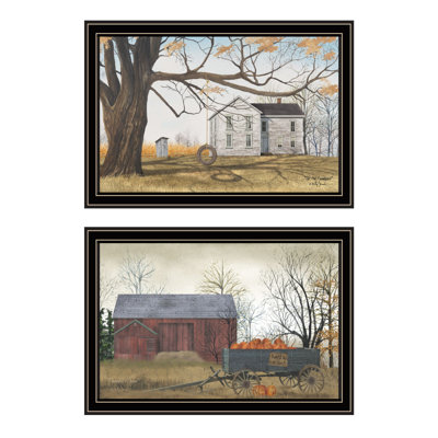 Trendy Decor 4U 2 Piece Vignette Farmhouse, Barn & Pumpkin Wagon Black Framed Wall Art For Living Room, Bedroom Wall Art Print For Home Decor By Billy Jacobs