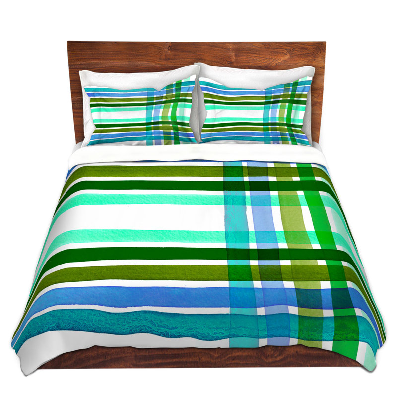 Ensemble de housse de couette à rayures écossaises colorées i, Housse de couette très grand + 2 taies décorativ, Bleu / vert