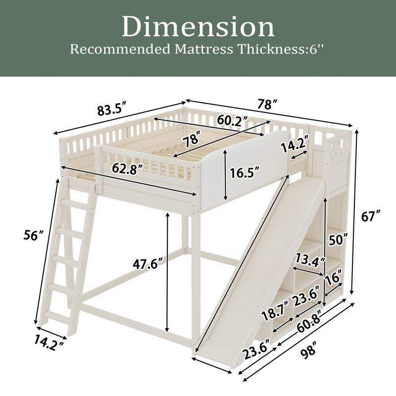 Lit mezzanine avec tête de lit tapissier et tablettes de rangement, complet avec échelle et glissade, Grand, Beige