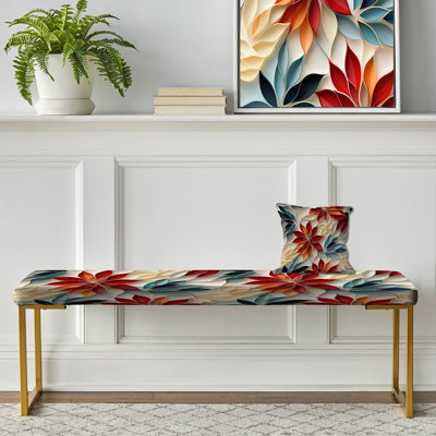 Red And Blue Zen Floral Mosaic - Botanical Upholstered Gold Bench
