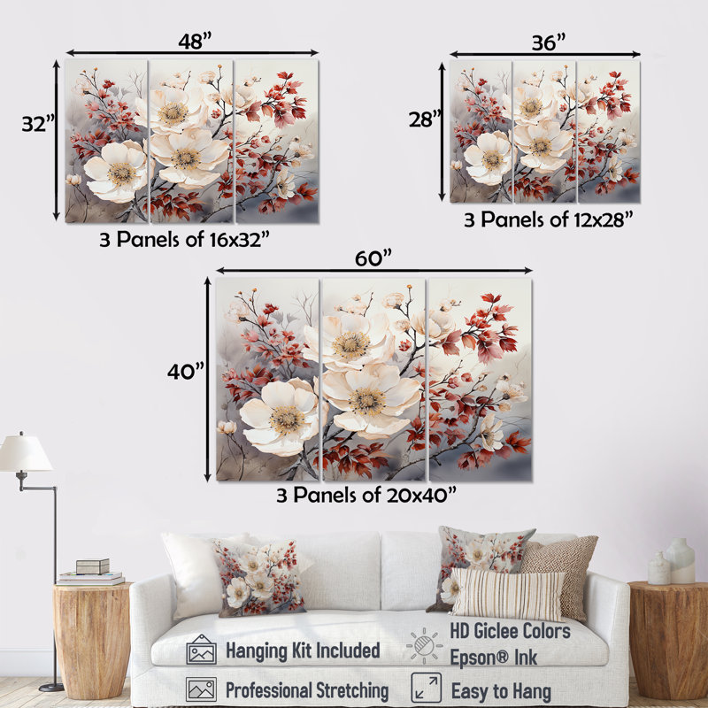 Fleurs saisonnières «Charm in Winter» - ensemble d'art mural sur toile, Toile tendue, H 32 po x l 48 po x P 1 po
