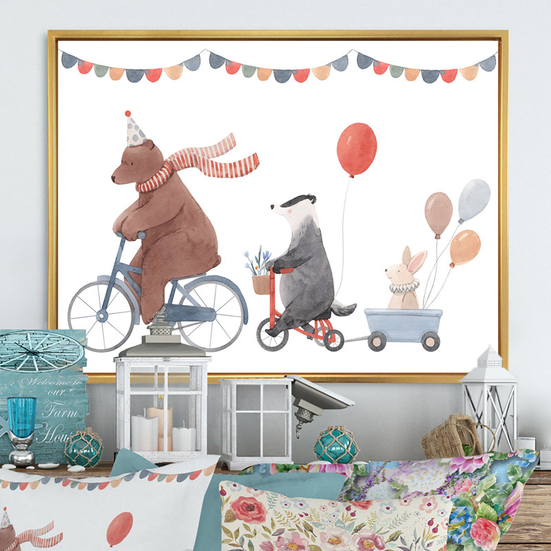 Animaux mignons à bicyclette, H 16 po x l 32 po x P 1 po, Cadre flottant doré