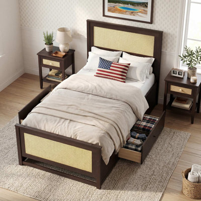 Twin Size Natural Rattan Platform Bed Frame, Spacious Pull-Out Storage Drawers, No Box Spring Required, Scratch-Resistant Sturdy Slat Support