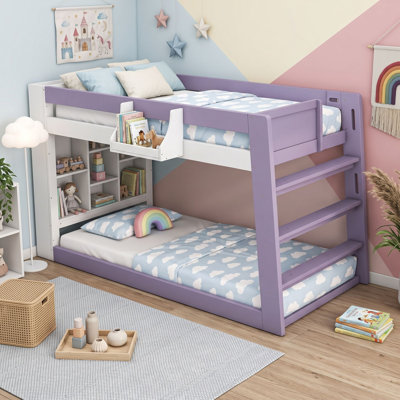 Twin Over Twin XL Wood Bunk Bed with Storage Shelves and Guardrail