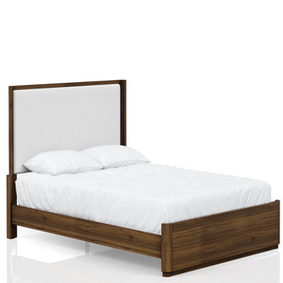 Grand lit tapissier en noyer avec tissu lisse et construction stable