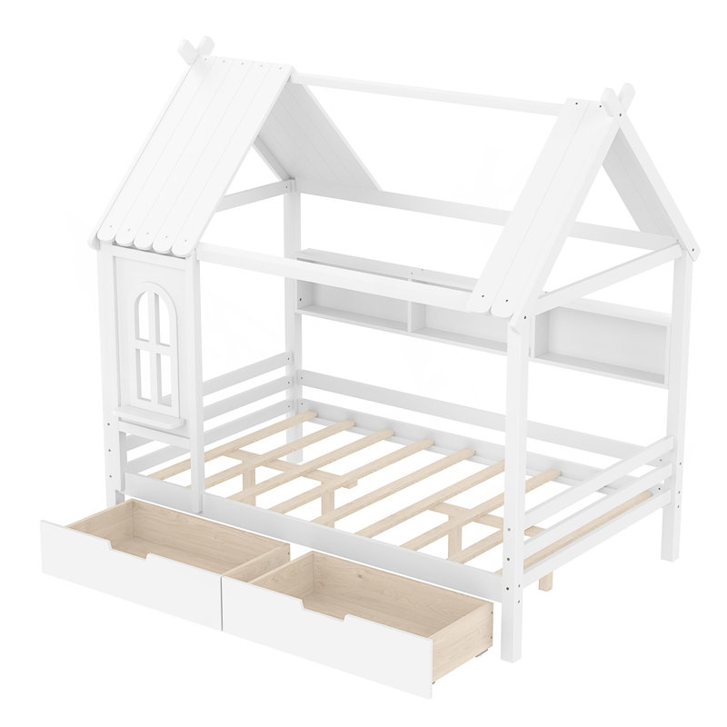 Lit plateforme double avec tiroirs de rangement, conception de fenêtre et tablettes intégrées pour les chambres d'enfants