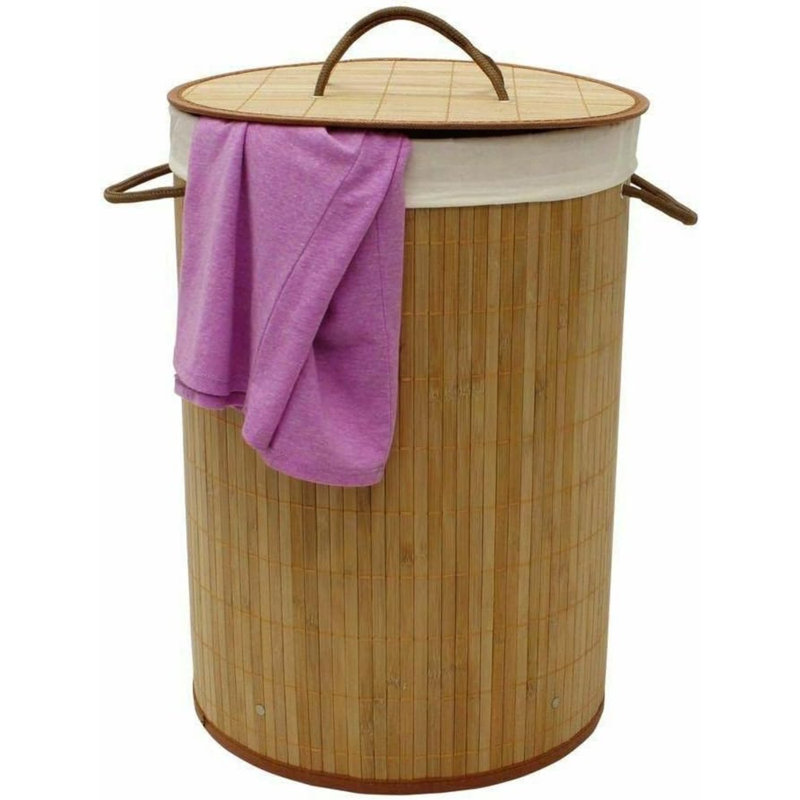 MantraRaj Round Bamboo Laundry Bin with Handles and Lid Collapsible Laundry Basket (Natural)
