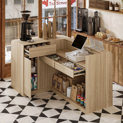 71'' W L-Shaped Reception Desk With 3 Drawers,15 Open Display Shelves,Cabinet