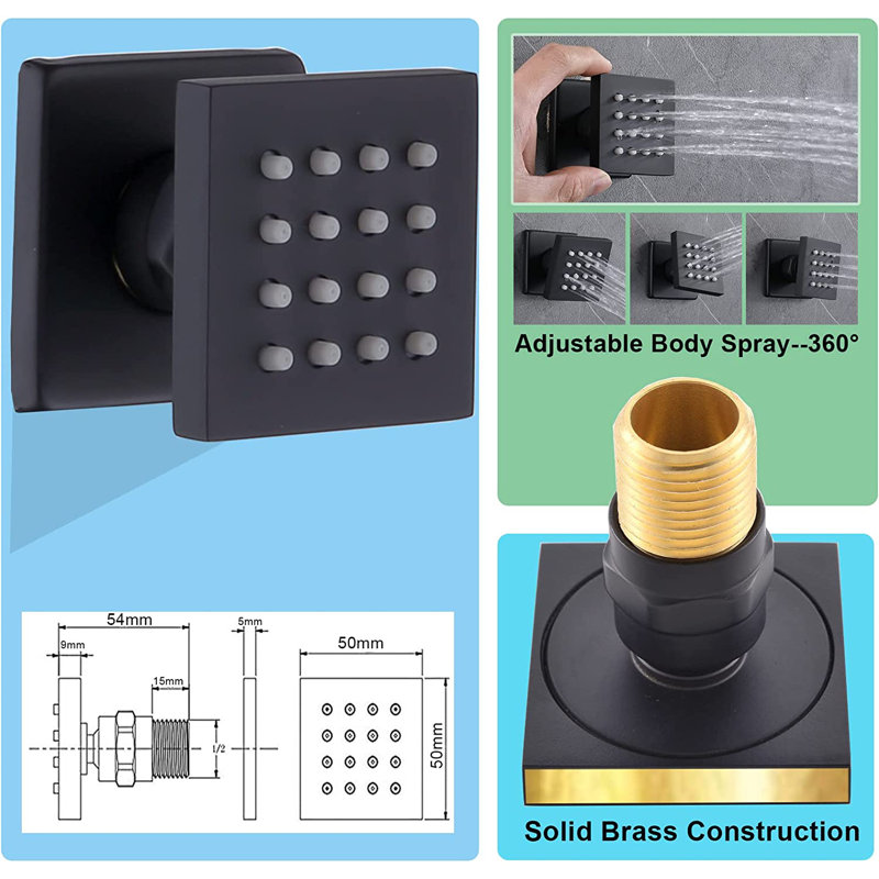 Système de douche thermostatique complet avec valve brute, Noir mat