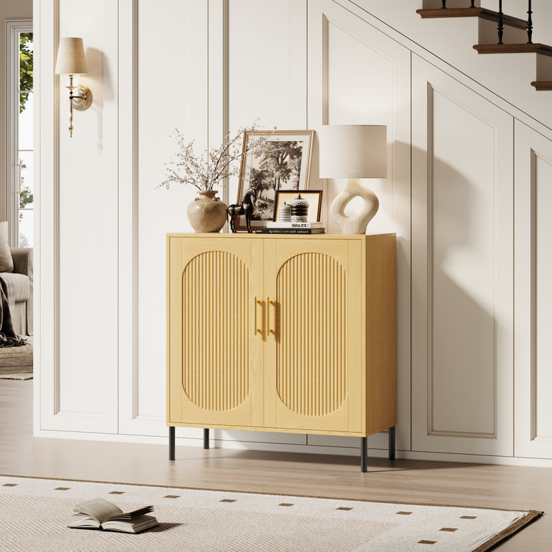 Meuble d'appoint cannelé de 85,4 cm de hauteur, buffet arqué à 2 portes avec tablette réglable, naturel, Natural