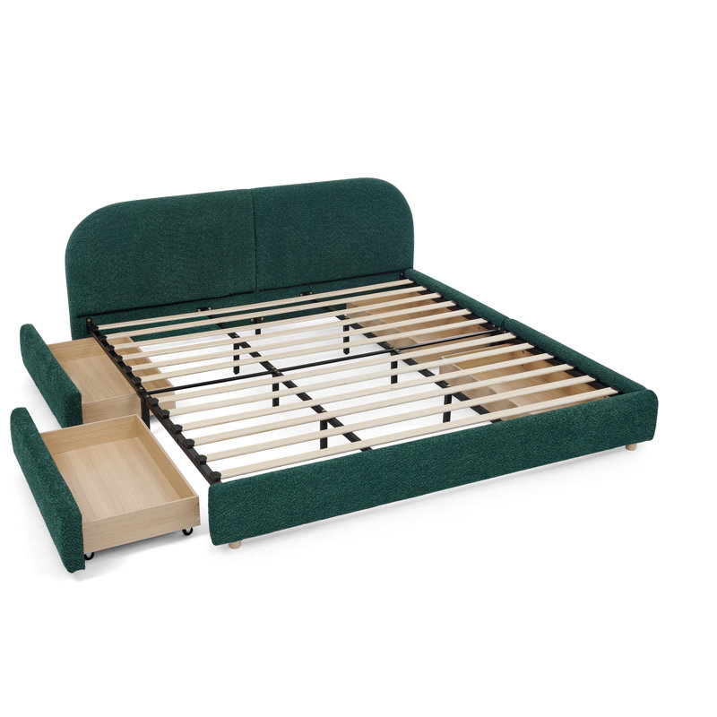 Upholstered Bed with Curved Headboard, Circle Yarn Fabric, Sturdy Legs & Wheeled Drawer Storage, Très grand lit, Vert