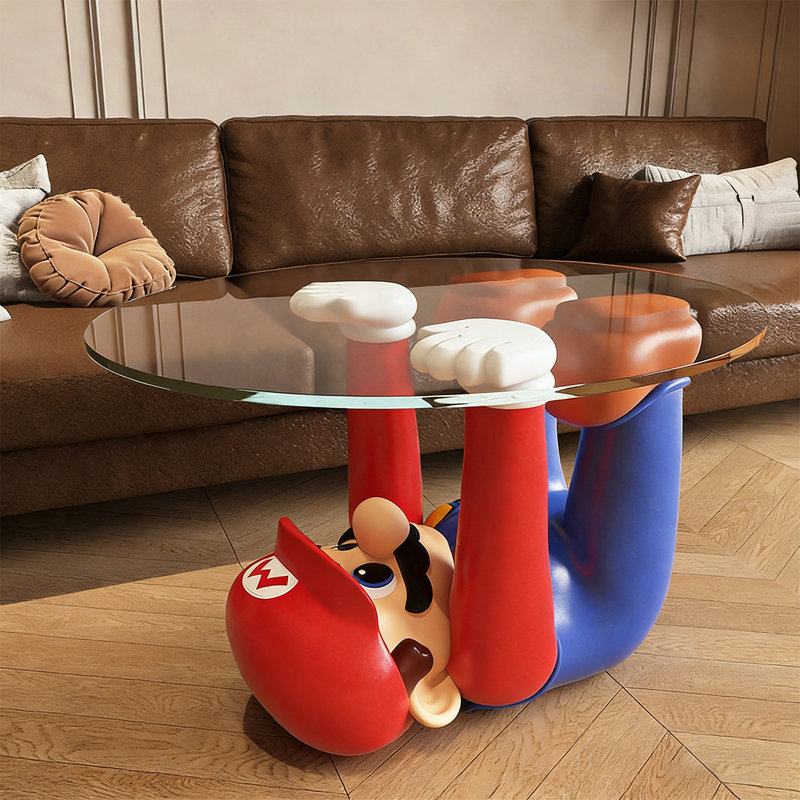 Playful Modern Resin Mario Upside-Down Glass Coffee Table Decor
