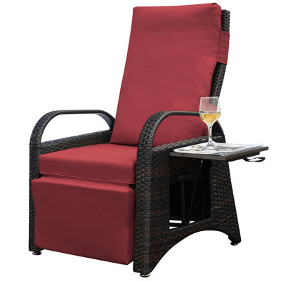 Fauteuil inclinable d'extérieur avec repose-pieds réglable, table intégrée, confortable, coussin brun et repose-pieds amovible, matériau pour bronzer