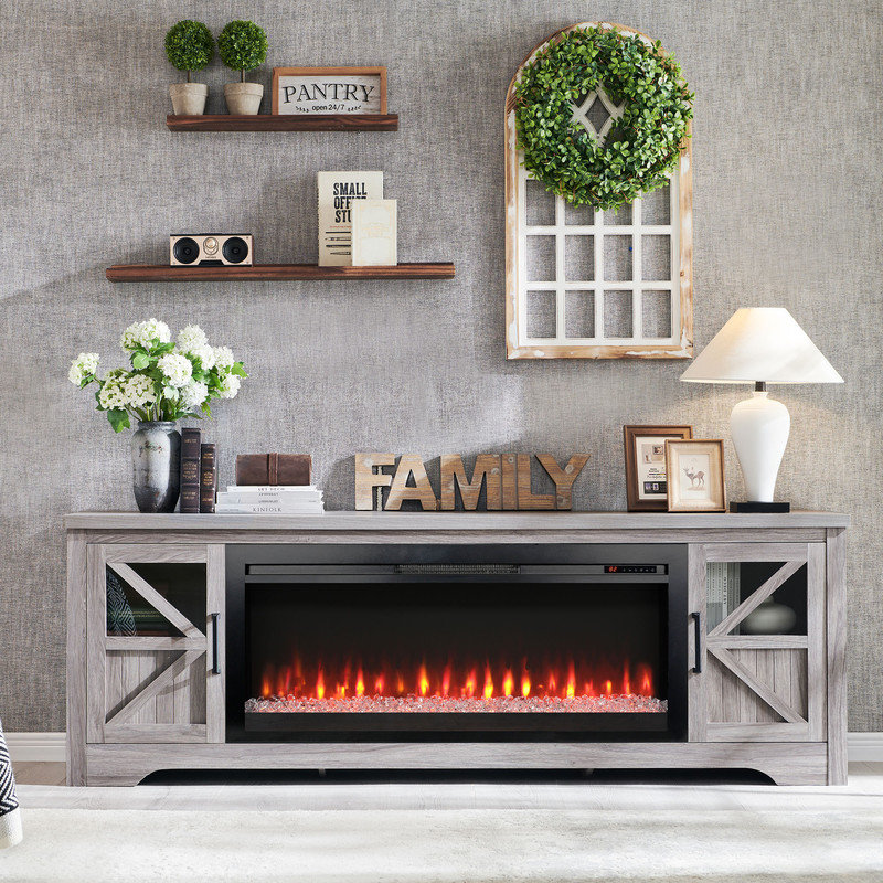  Fireplace TV Stand for 85" TV, Entertainment Center with 44" Electric Fireplace, Adjustable Shelves, TV Stands Console for Living Room, Gray