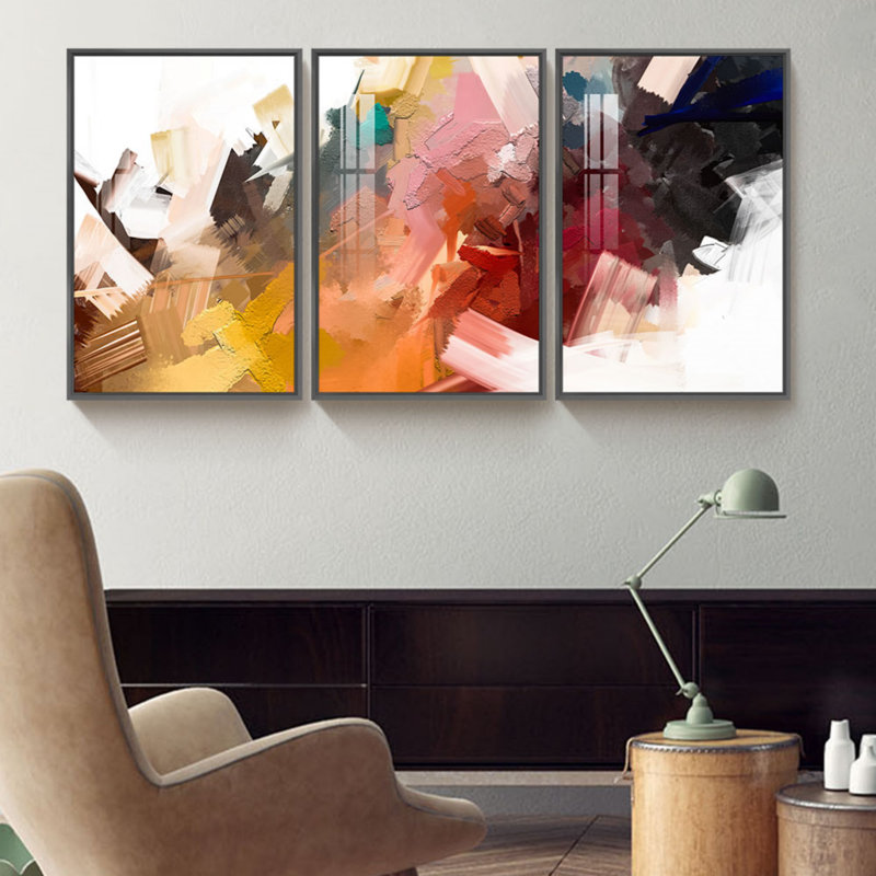 3 pièces, peinture sur toile encadrée, H 24,6 po x l 48,5 po x P 4 po, Cadre noir