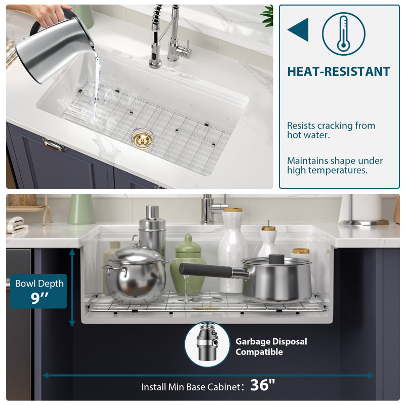 33"Lx19"Wx10"H White Rectangular Undermount Kitchen Sink Workstation Cersamic Single Bowl Sink with Accessories