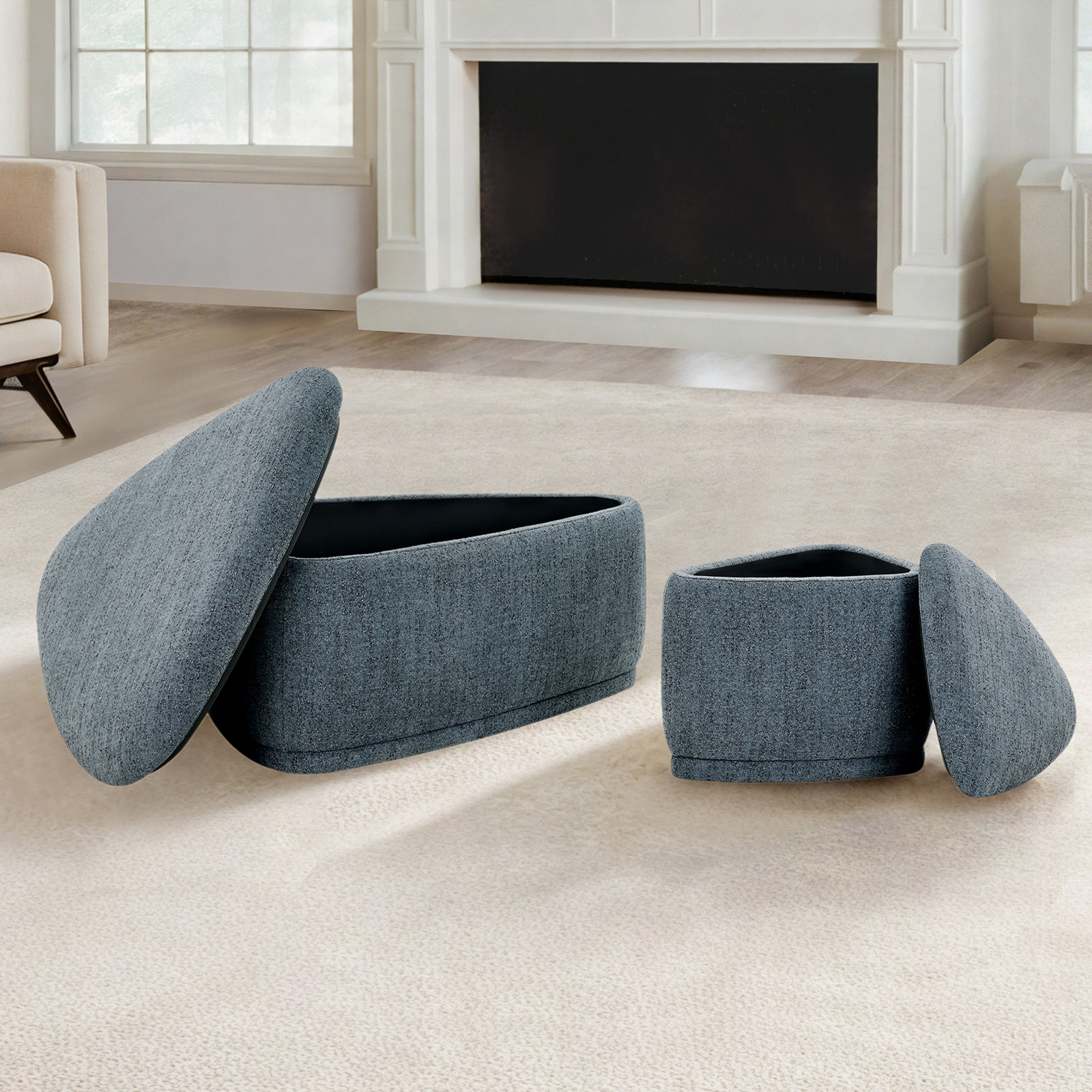 Adna 44" Ottoman Set, Mellow Steel Blue Boucle