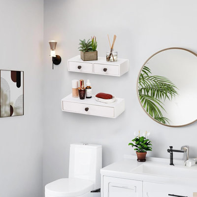 2 Packs Floating Nightstand With Drawer - Rustic Wood Floating Wall Mounted Drawers Floating Shelf With Drawer For Living Room, Bedroom, Kitchen, Wall Decor, Storage, Display - White