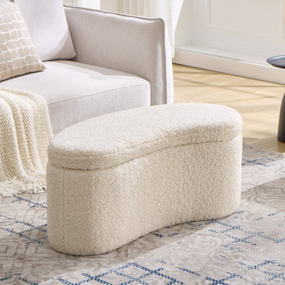 Hygge 39.4" W Beige Upholstered Curved Crescent Storage Bench with Sherpa & Linen