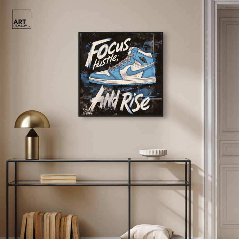 Art mural Hustle and Rise Sneaker, H 25 po x l 25 po, Cadre flottant, Noir
